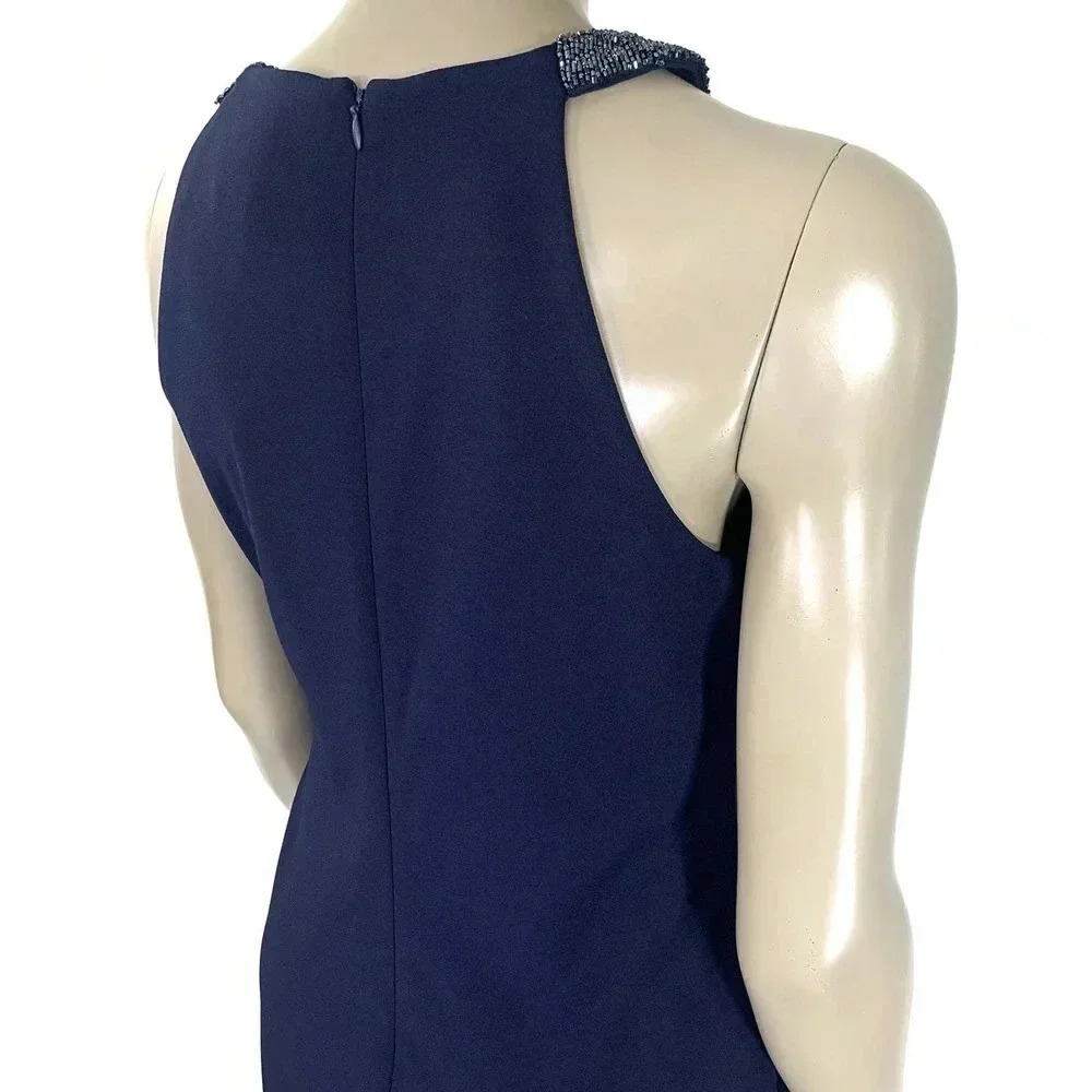 Lauren Ralph Lauren Halter Beaded Cocktail Pencil Dress Women Size 8 Blue Ruffle - Picture 7 of 15
